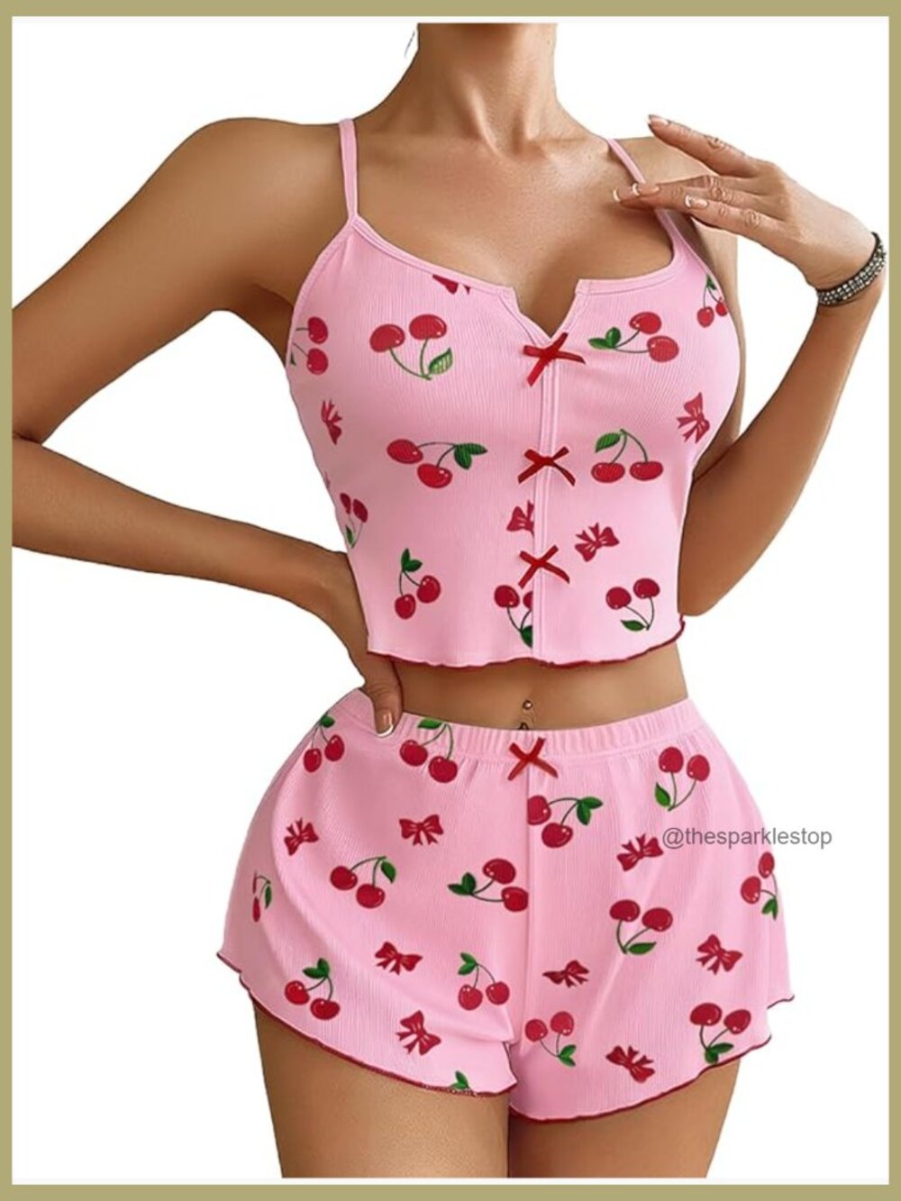 Ribbed Cami Short Set 2 Piece PJ Sleepwear with Bow